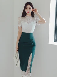 Summer Women Clothes Fashion Elegant 2 Pieces Outfit Sheer Sexy Lace White Tops Shirt Blouse And High Waist Midi Skirt Mujer Set