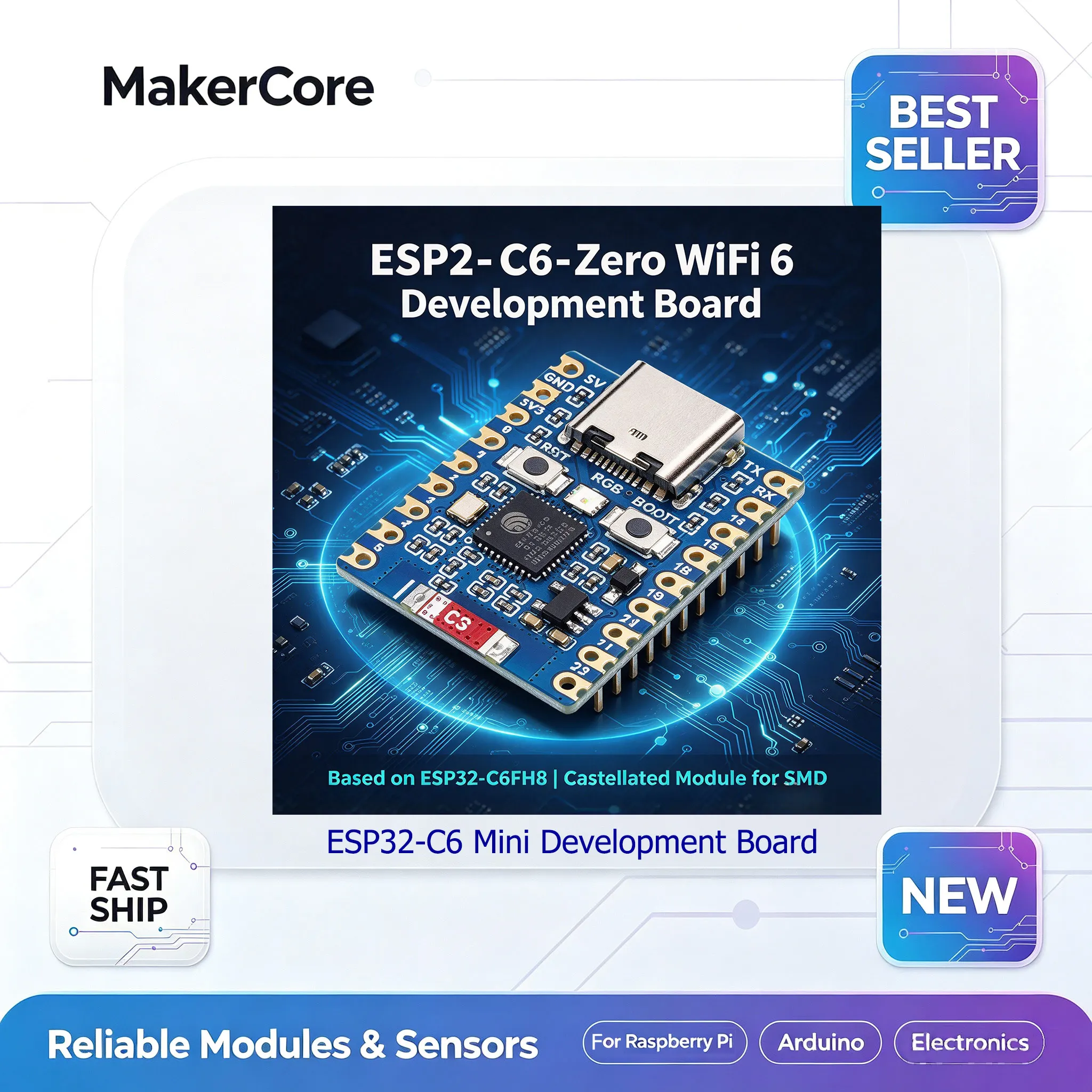Waveshare ESP32-C6-Zero RISC-V WiFi 6 Dev Board 160MHz Zigbee Thread Matter Ultra-Low Power IoT Wearable Arduino ESP-IDF