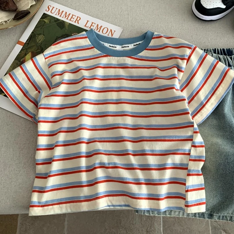 

Boys T-shirt 2026 Spring Summer New Childrens Wear Korean Boys and Girls Soft and Comfortable Striped Short-sleeved T-shirt