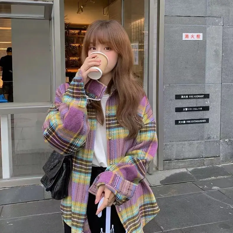 

Plaid Color-Blocked Woolen Shirt Jacket Women 2024 Autumn Winter New Korean Loose Design Retro Brushed Long-Sleeved Top