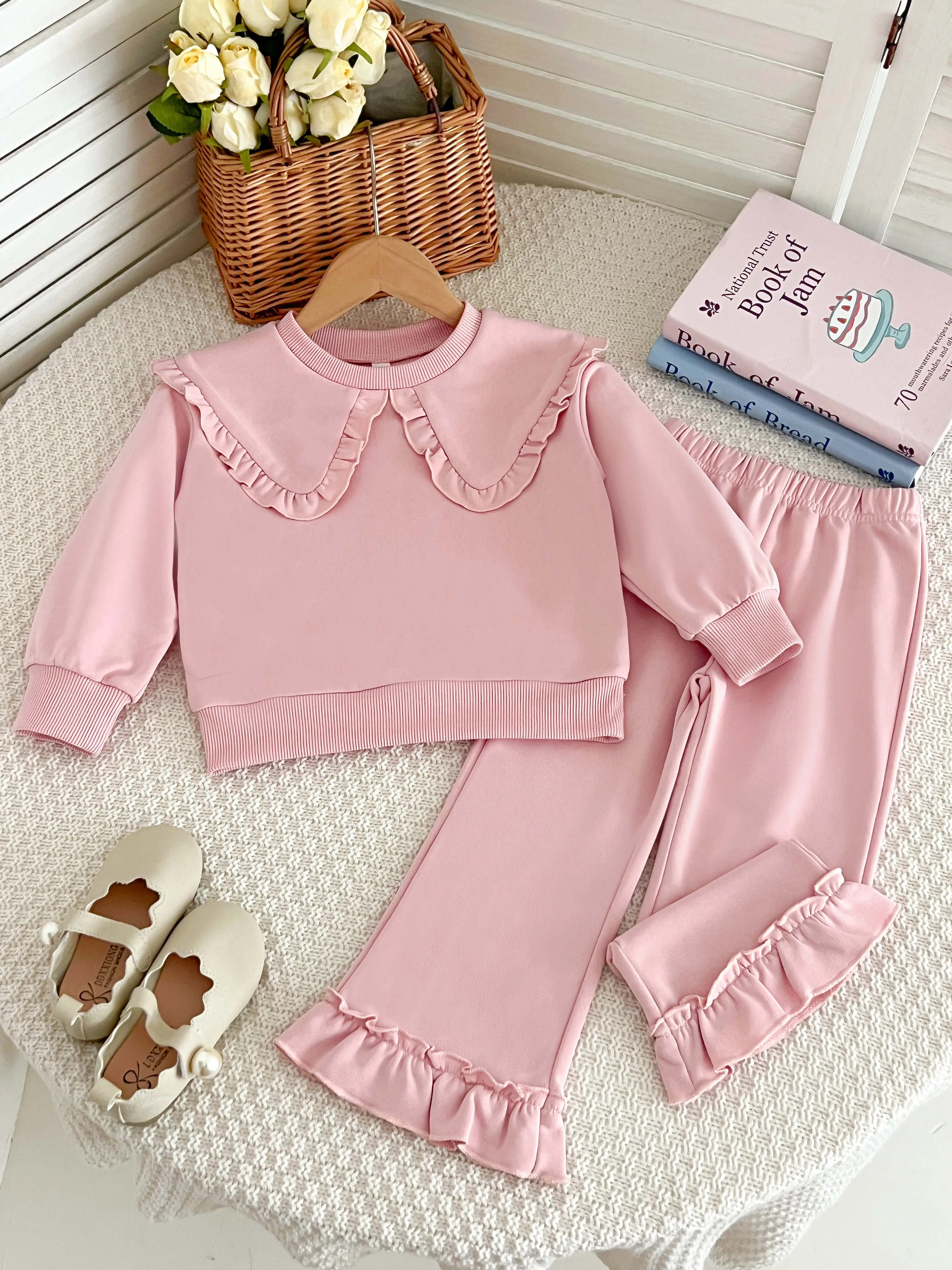 Baby Mädchen Sets Langarm Top mit großem Revers + Spitze Schlaghose Anzug Kinder Tägliche Freizeitkleidung