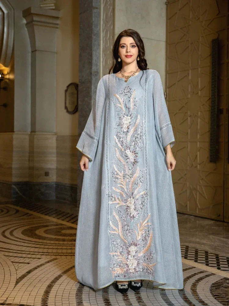 Eid Morocco Party Dress for Women Sequins Beading Mesh Abaya Morocco Kaftan Long Vestidos Ramadan Gown Dresses Saudi Arab Robe