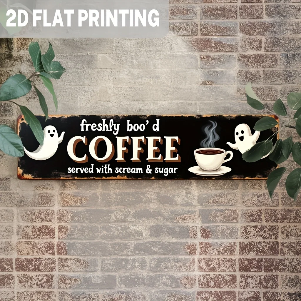 1pc, Funny Freshly Boo'd Coffee Metal Sign Halloween Decor Wall Hanging, Scream & Sugar, Vintage Style Wall Decor for Kitchen