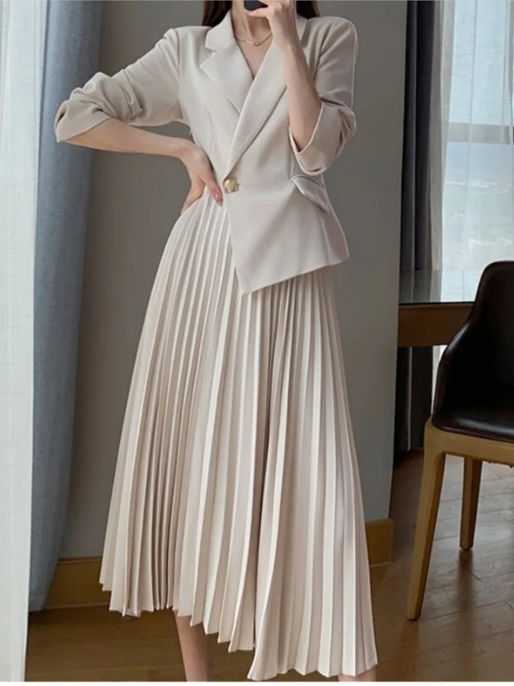 

Women Elegant Business Blazer Dress Spring Vintage Pleated Patchwork Office Ladies Midi Vestidos Long Sleeve A-line Dress