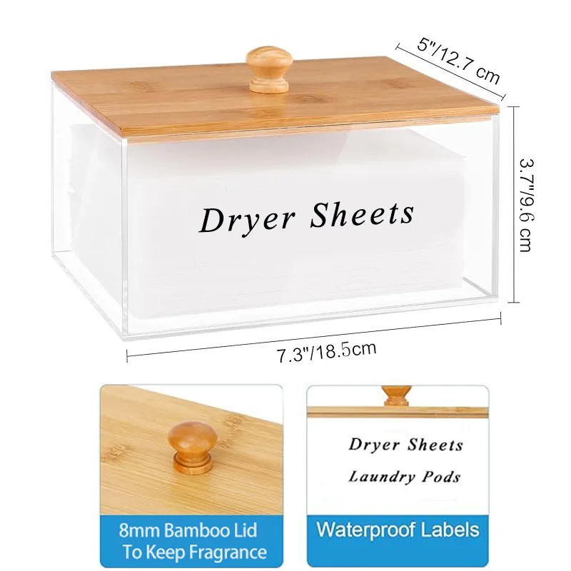 

Bamboo Lid Acrylic Dryer Sheet Holder - Transparent Laundry Pod Dispenser Box with Dividers, Fabric Softener Organizer