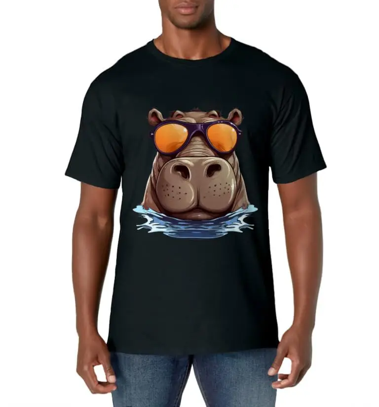 Cool Hippo with Sunglasses for funny Animals Costume Classic Logo T Shirt and Stickers, Unisex Adult T Shirt Collection