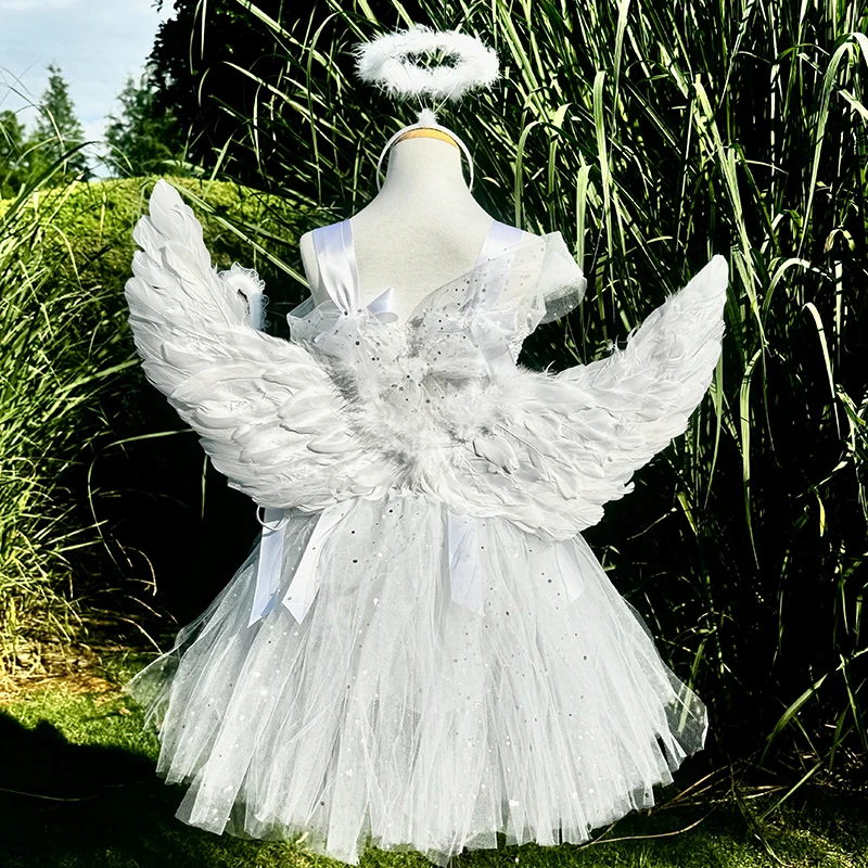 Disfraz de tutú de Ángel Blanco para niñas, vestido de Cosplay de princesa con alas, Disfraces de Halloween, ropa para niñas, atuendo de 2 a 12 años