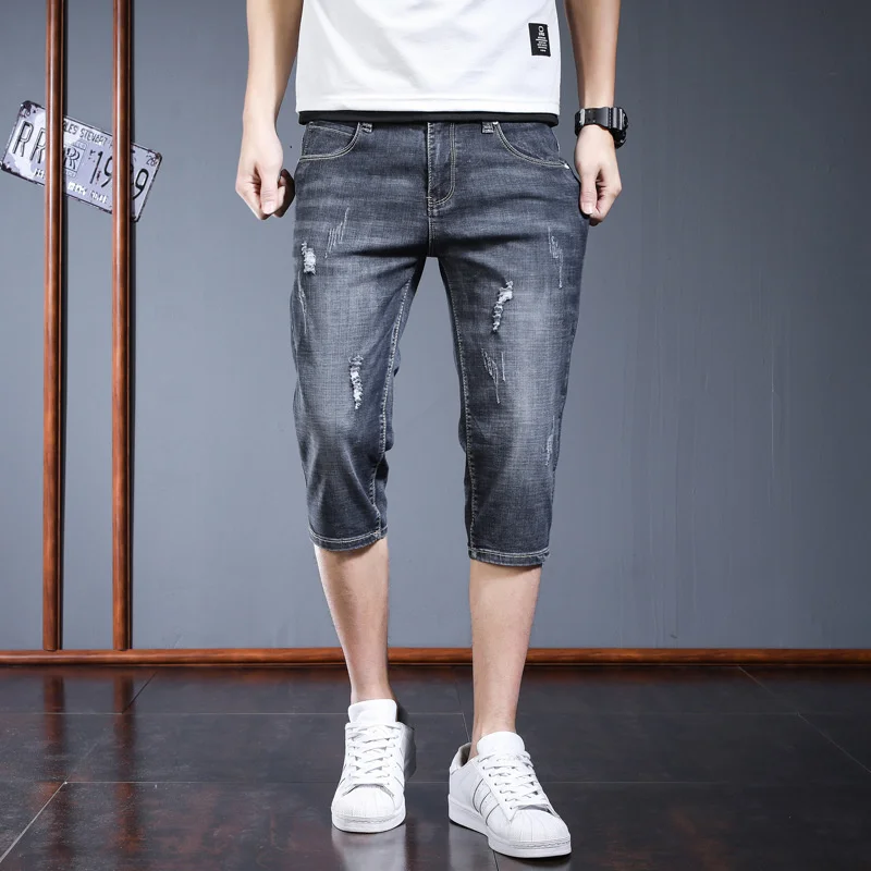 

Men's Short Pants Summer Seven-point Shorts Brand Slim Thin Section Ripped Casual Jeans Boys Korean Hip Hop Kanye West