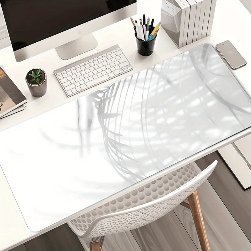 Minimalist White Gaming Mouse Pad, Large Non-Slip Desk Mat with Aesthetic Plant Shadow for Gamers Office