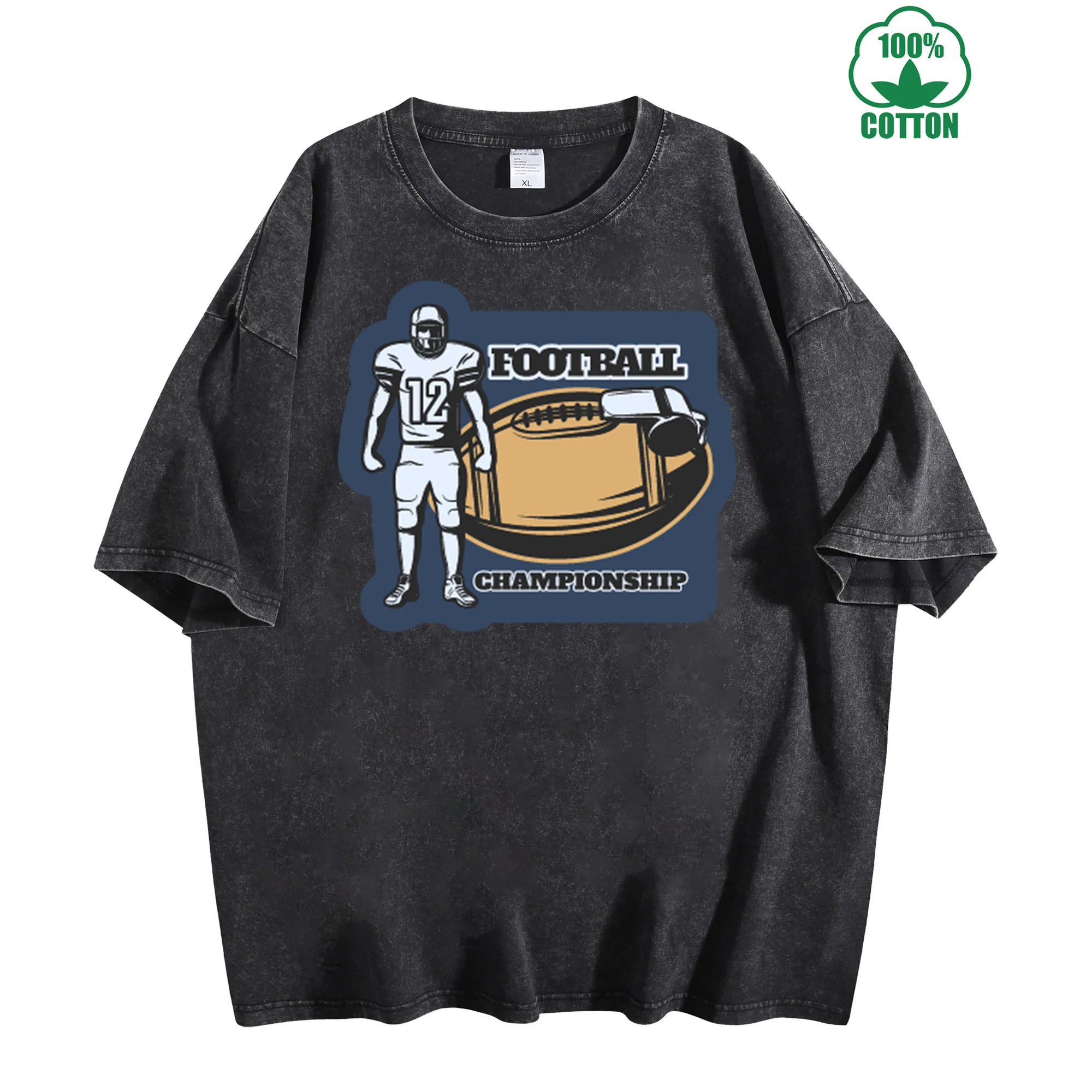 تي شيرت كلاسيكي مغسول بشارة كرة القدم 230 جرام 100% قطن مريح كبير الحجم ملابس الشارع للجنسين #1