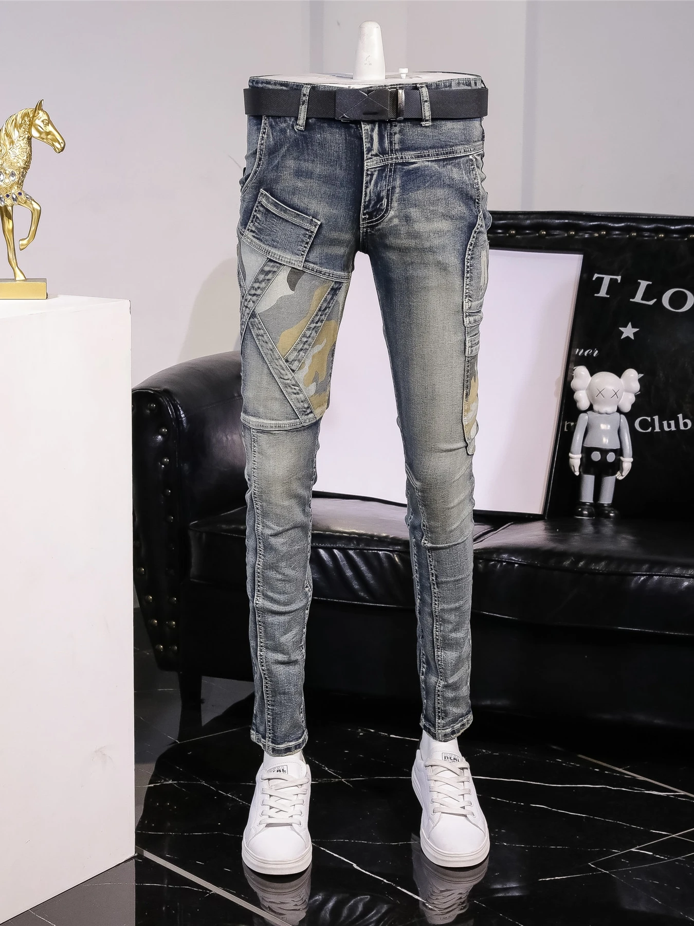 

Retro Men's Jeans Spring Autumn Casual Sle Motorcycle Patchwork Slim Fit Long Pants Faionable Vintage Cotton Stretch Denim