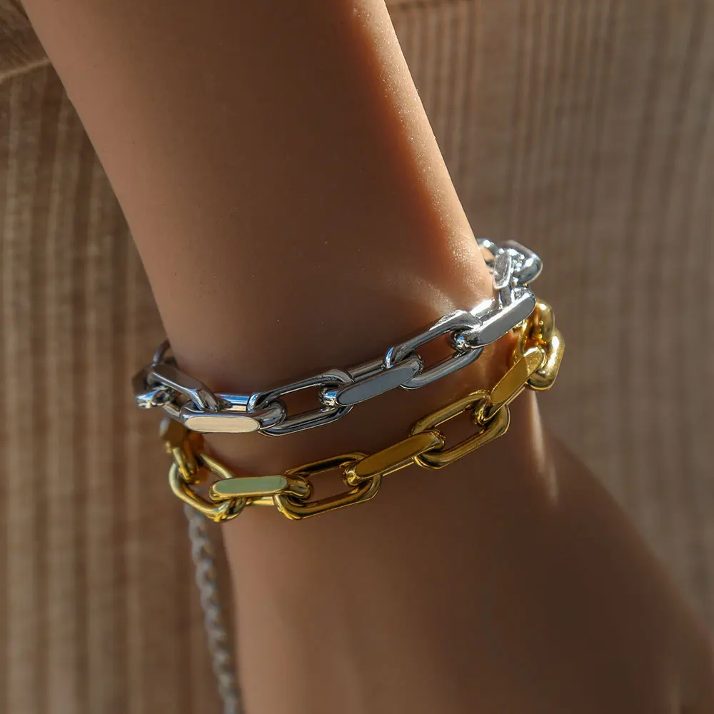 Silver Paperclip Chain Bracelet for Women Chunky Rectangle Link Stainless Steel Trendy Stackable Wrist Jewelry Daily Party Gift
