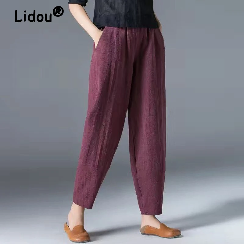 

Clothes for Women Vintage Simple Casual Cotton Linen Thin Harem Pants Summer High Waist Solid Loose Pockets Trousers Pantalones