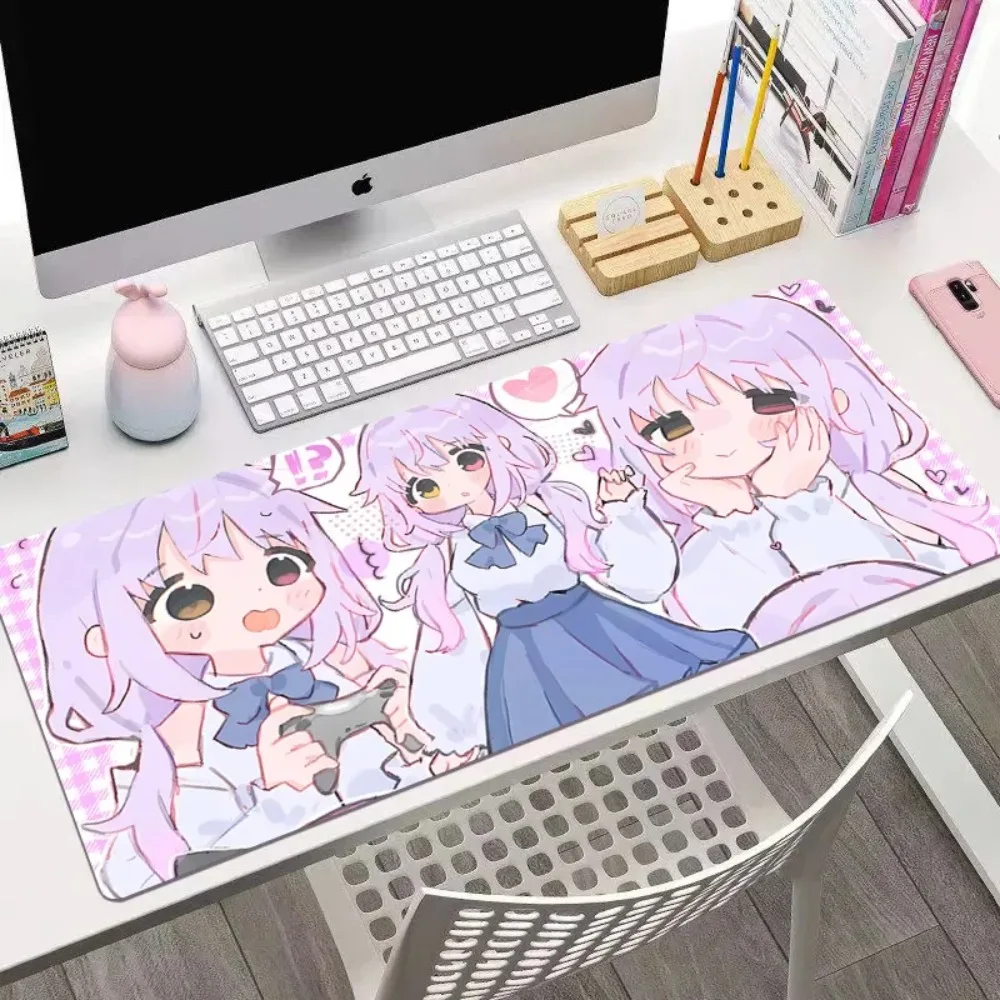 Japanese Sweet Pink Anime Girl Cute Mouse Pad, Large Cute Girl Heart Lock Edge Desk Pad, Office Computer Mouse Keyboard XXL Pad