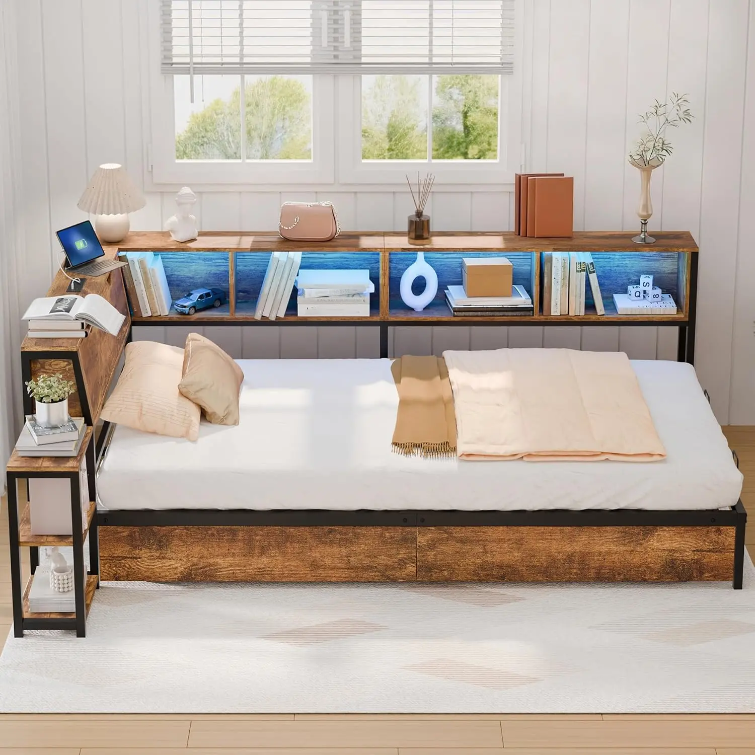 new Twin Corner Bed Frame Storage Bookcase Headboard LED Charging Shelves Drawers Living Bedroom Guest Brown Customized