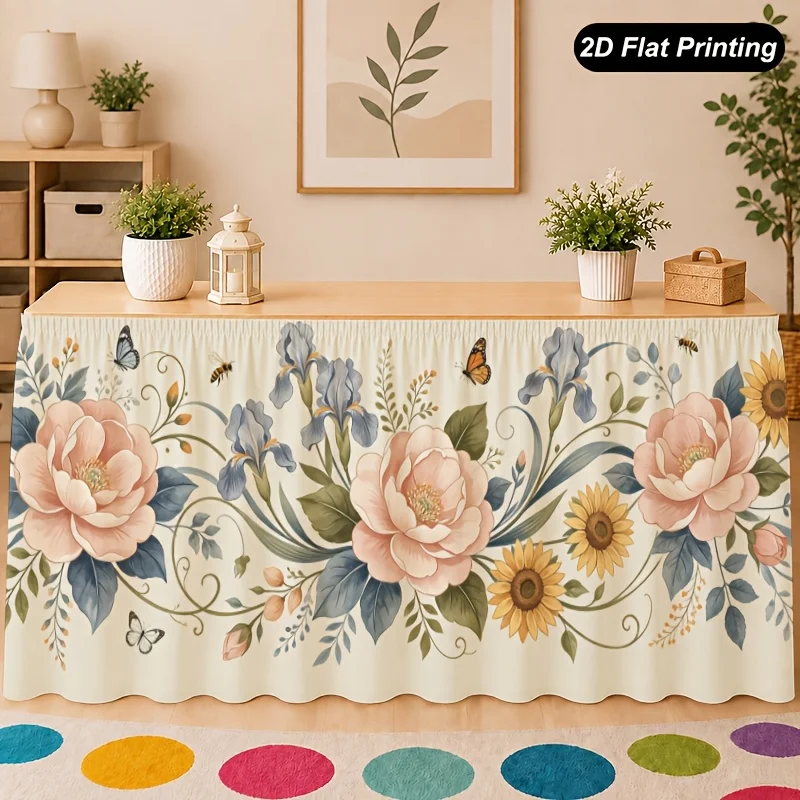 1 piece tablecloth 2D flat retro blue pink floral pattern Christmas table skirt