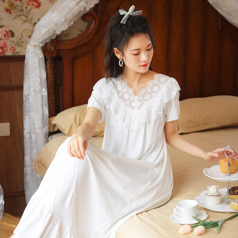 

Spring Summer Women Short Sleeve Cotton Dress Female Lace Princess Nightdress Lady Loose Casual Sleepdress Homedress