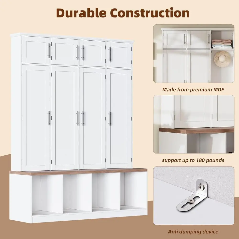 75 High Walnut Storage Bench with Shoe Cabinet and 8 Doors, Mudroom Coat Rack with 4 Hidden Hooks, White image 6