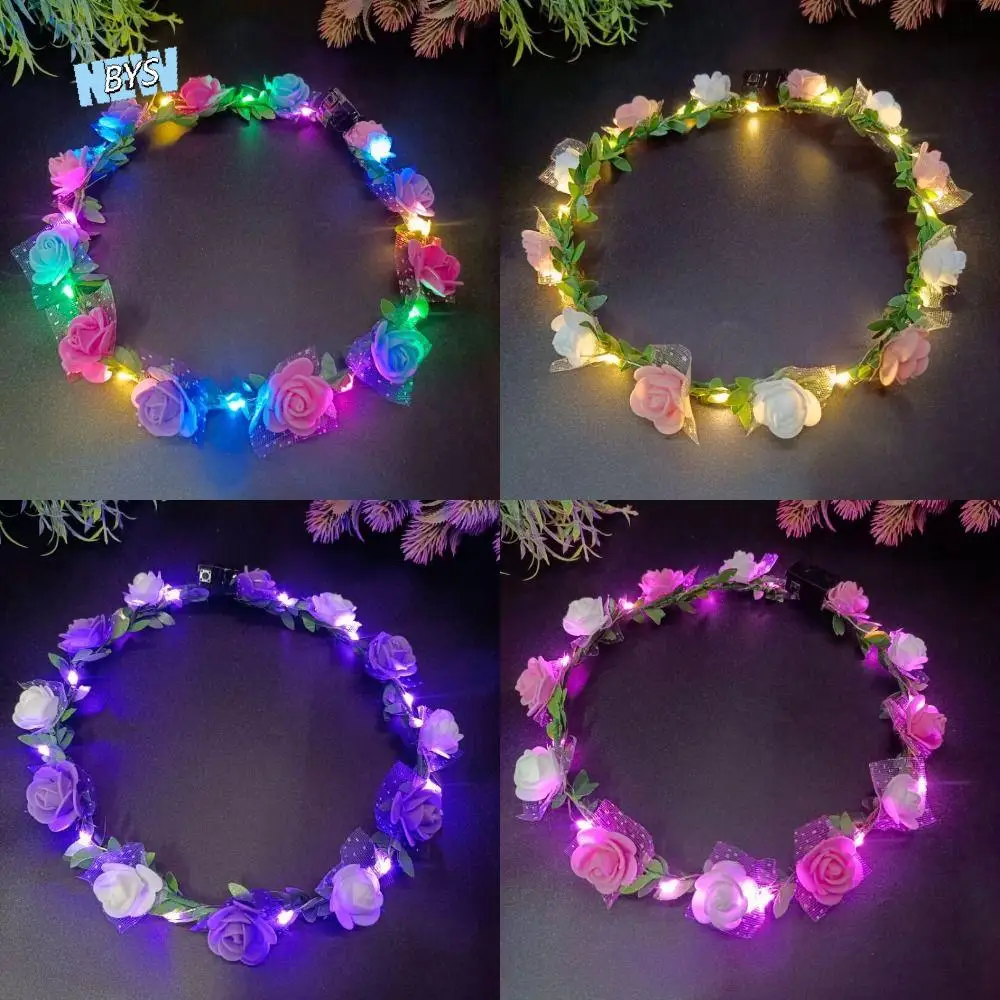 Fashion Simulation Rose Flower Wreath Headband Tiara Luminous Flower Crowns Garland Wedding Party Hairband Glowing Wreath Girls