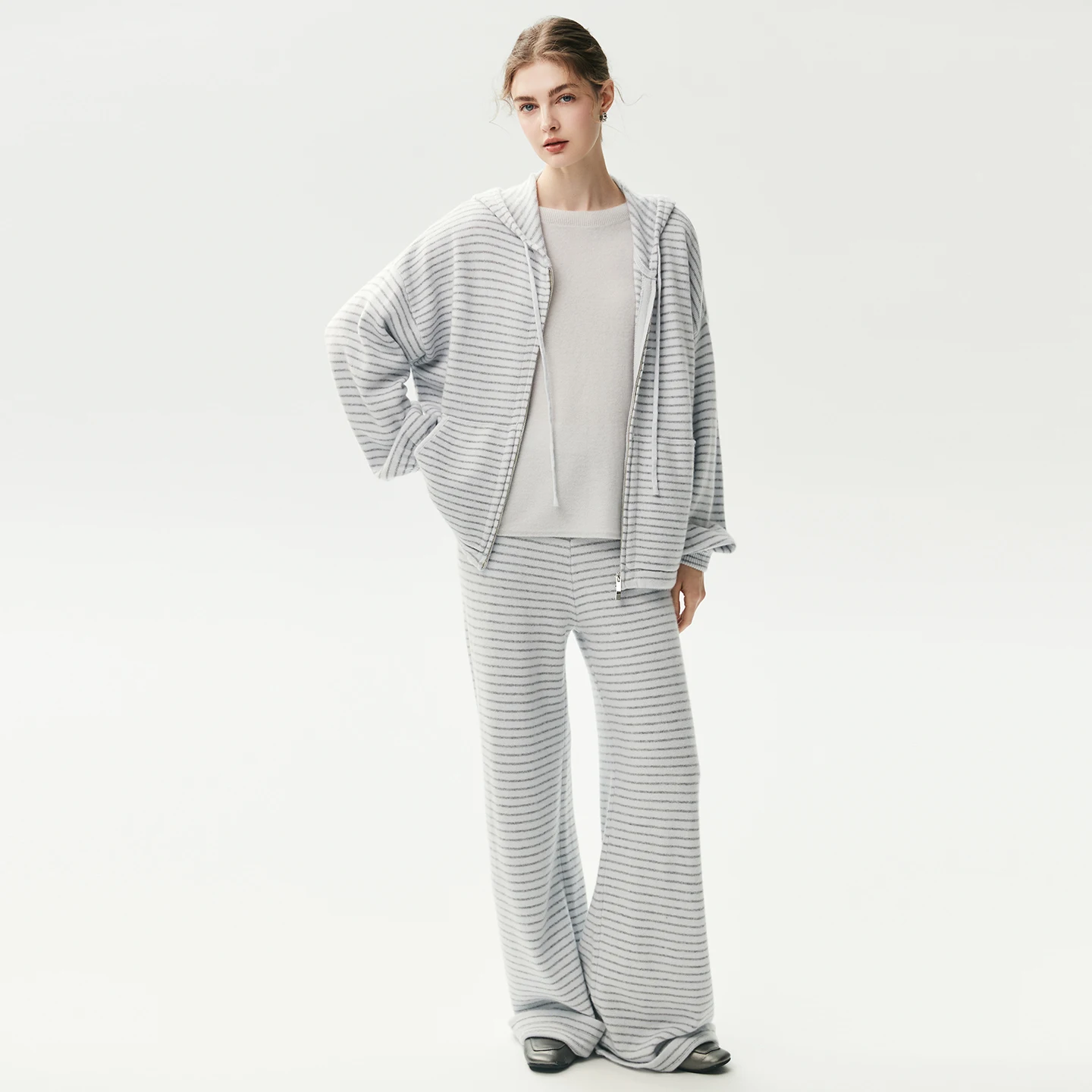 ADDONEE Women Sweater Striped Drawstring Set Autumn Winter 100% Cashmere Hooded Cardigan Sweater Suit Pants Zip Jacket Tracksuit