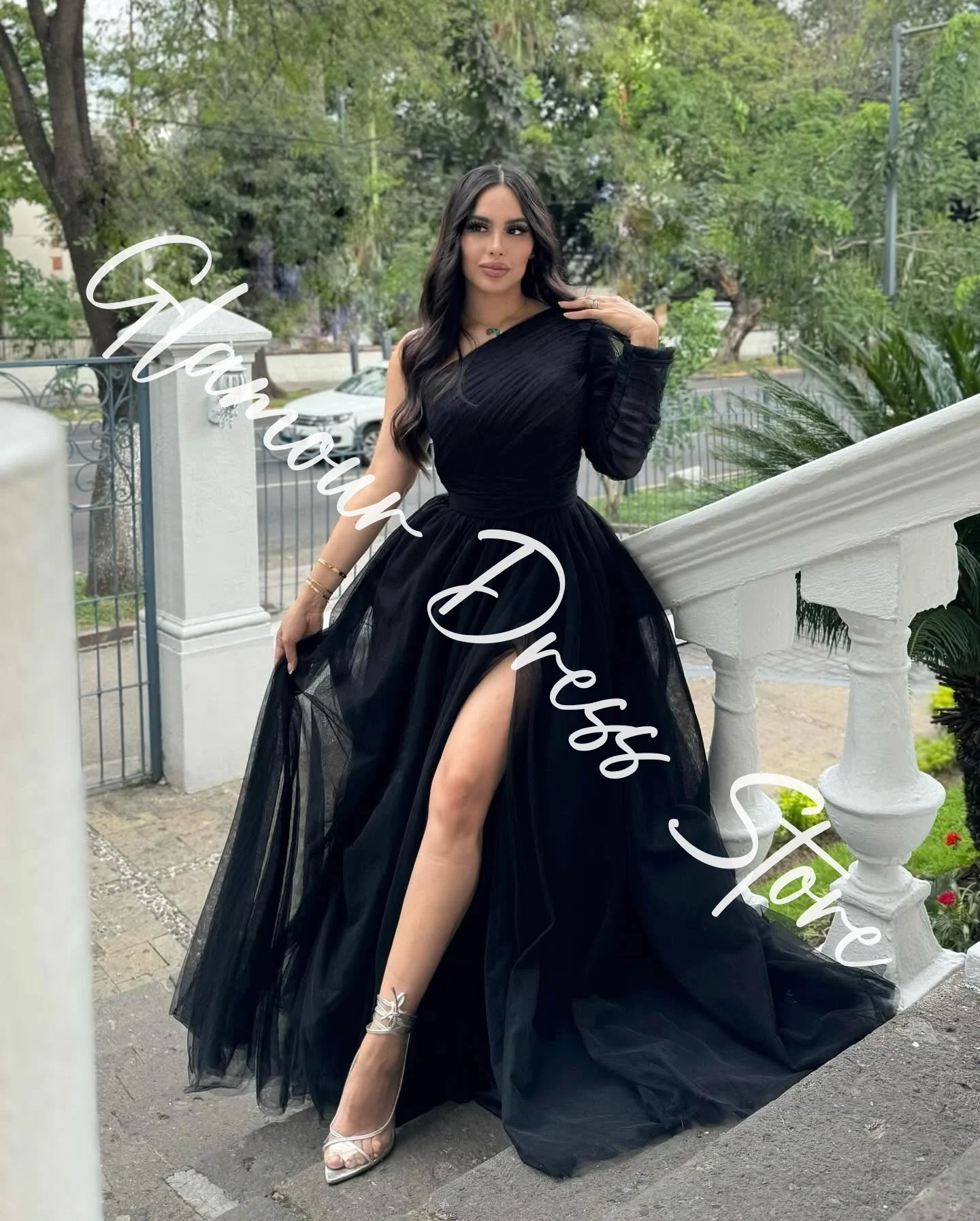 Customized Exquisite Tulle A-Line One Shoulder Evening Dresses Long Sleeves Panel Train Black Bespoke Occasion Gowns Formal