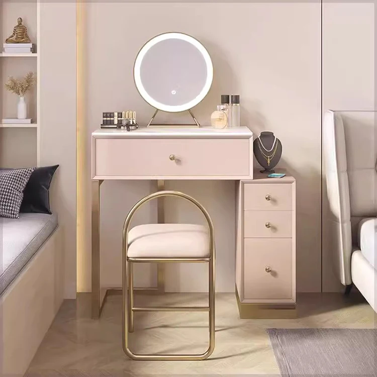 Light Luxury Dressing Table with Bucket Side Cabinet Modern and Simple Mini Dressing Table with Light Mirror