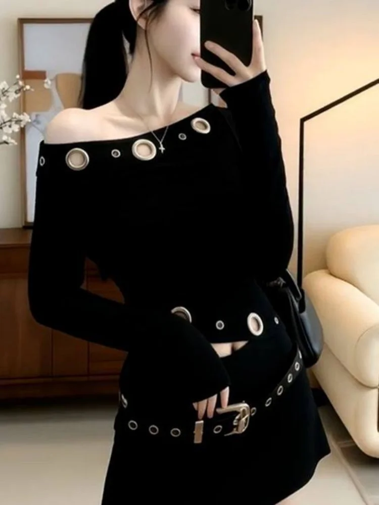 Women's Long Sleeve T-shirt 2026 Spring Black Asymmetrical Shoulder Fleece Top Luxury Premium Chic Unique Long Sleeve T Shirt