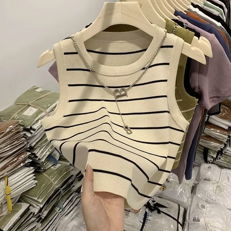 

Свитер-жилеты женские летние вязаные полосатые шикарные повседневные женские с круглым вырезом уличная одежда без рукавов в корейском стиле укороченные ретро удобные