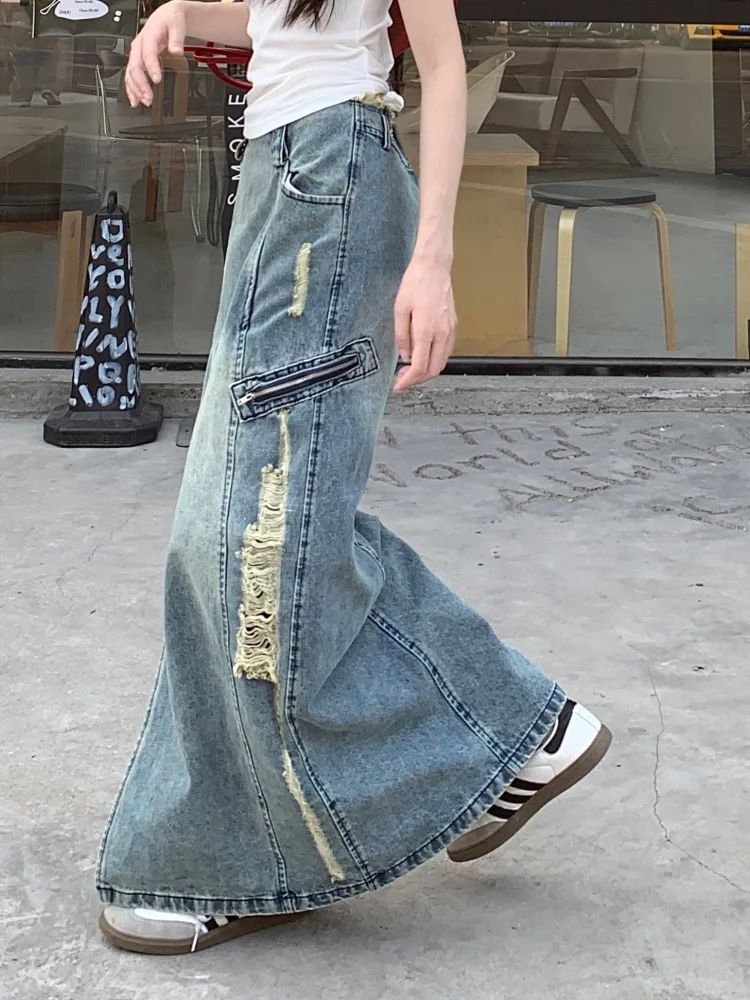 Gonna lunga in denim a sirena a tromba con foro lavato per donna Gonna slim a vita alta con nappe di media lunghezza