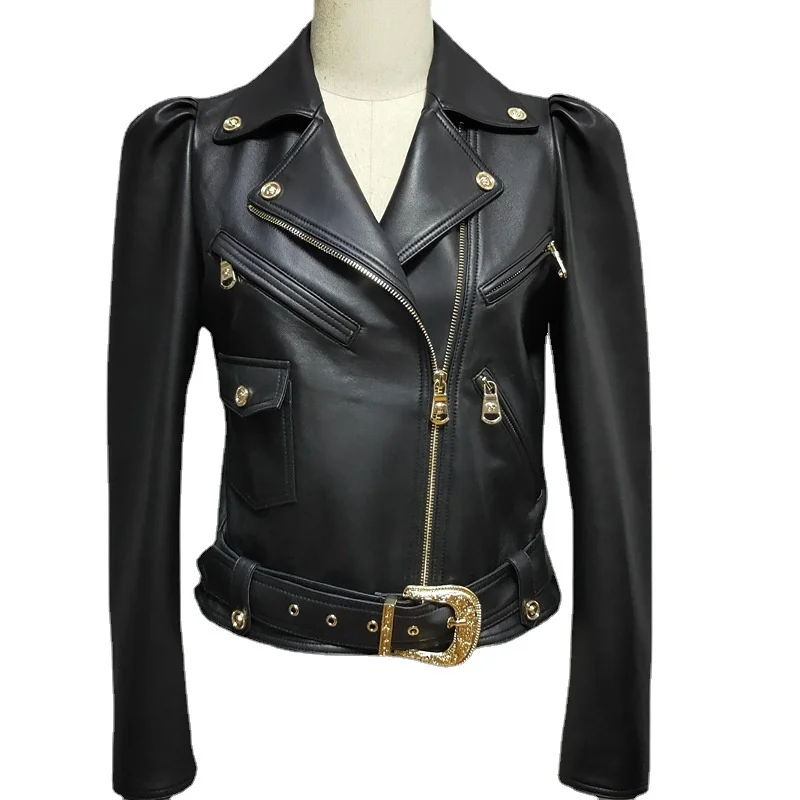 2023 New Women's Genuine Leather Jacket Autumn New Ladies Short Slim Sheepskin Coat Fashion Motorcycle Leather Jacket