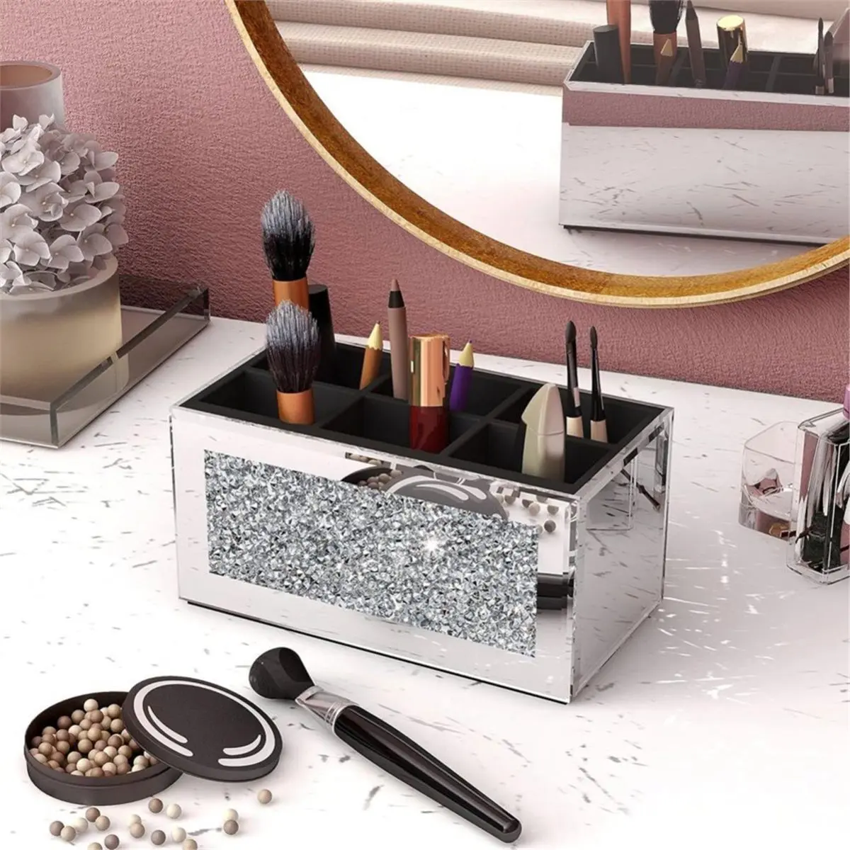 Time Saving Makeup Brush Holder Organizer with Crushed 3 Slot Mirrored Make Up Cosmetics Organizers and Storage