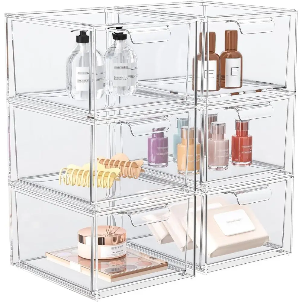 

Набор из 6 штук: штабелируемые органайзеры для косметики и хранения, акриловые органайзеры, прозрачные пластиковые контейнеры для хранения с выдвижными ручками или для туалетного столика.
