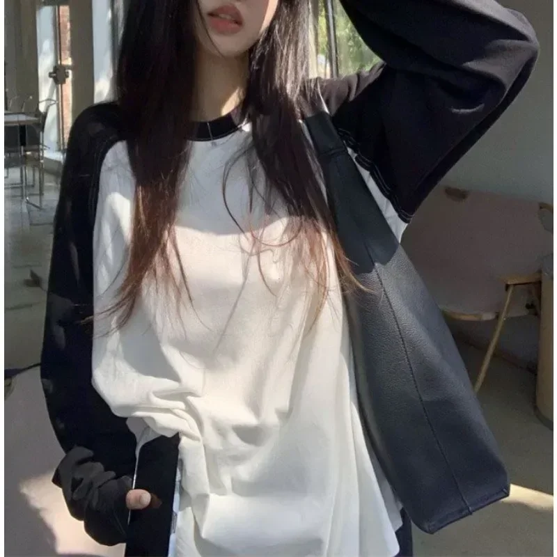 Casual Oversized T Shirt Y2k Tops Harajuku Long Sleeve O-Neck T-Shirts Spring Autumn Black White Patchwork Tees Women Streetwear