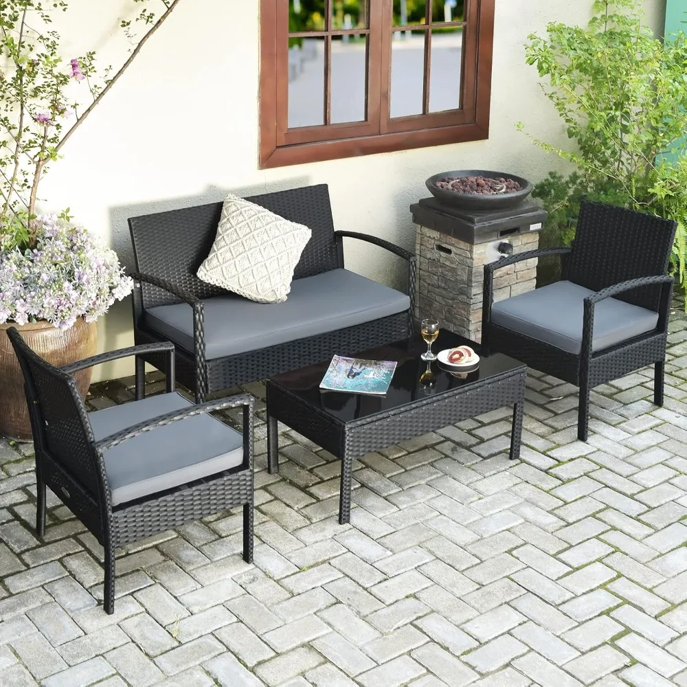 4-Piece Wicker Patio Conversation Set with Rattan Chairs, Table, Coffee Table, and Washable Cushions for Outdoor Spaces