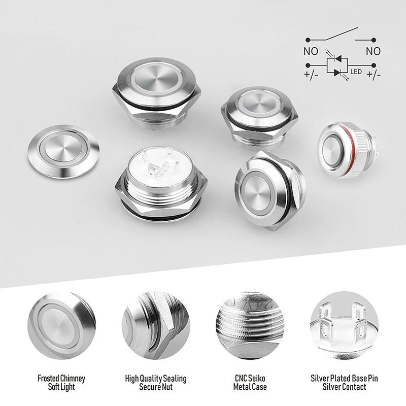 12 16 19 22mm Metal Momentary Reset Short Ultrathin Touch Tact Waterproof Push Button Switch 12V 24V 110V 220V Light LED DIY