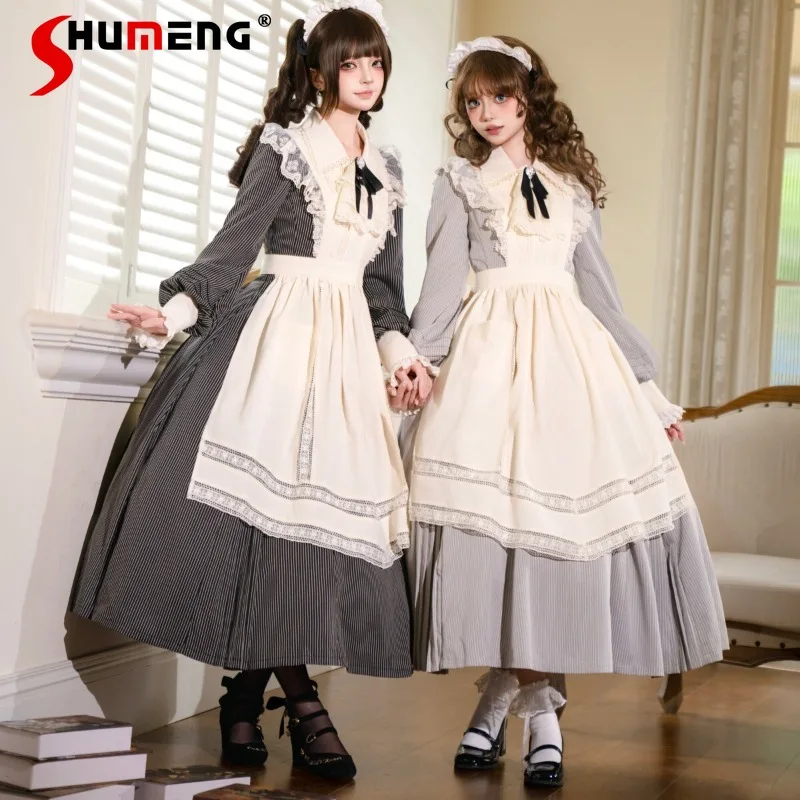 

New Japanese Lolita Court Style Vintage Classic Long-sleeved Dress Apron Set Women's Clothing Y2k Slimming High-waisted Dresses