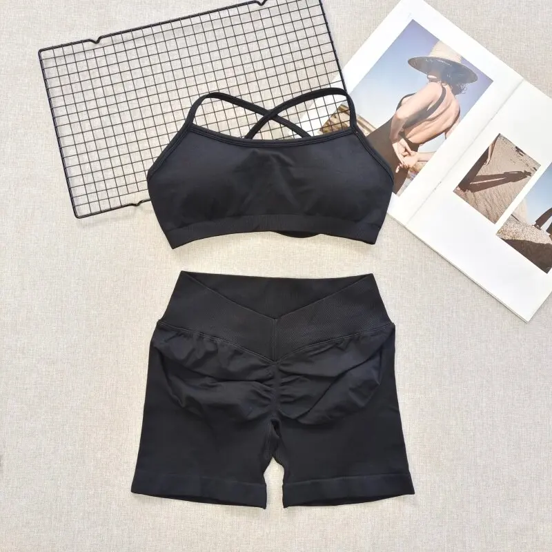 Nahtloses, schnelltrocknendes Fitness-Set für Damen: Sport-BH und Hüftstraffende V-Taille Yoga-Shorts, Pilates-Trainingskleidung, Gym-Set – Detail 9