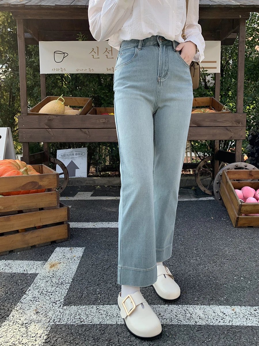 

Джинсы ELINSU с высокой талией и широкими штанинами, женские прямые джинсы, стройнящие, повседневные, универсальные брюки-девятки, летняя одежда