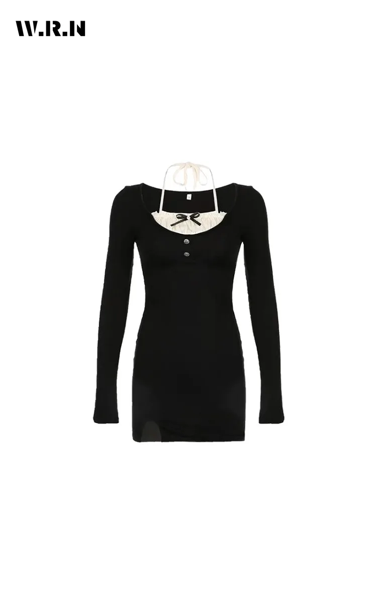 

2025 Winter Sexy Long Sleeve Slim Fit Bow Mini Black Dresses Women's Causal Hotsweet High Waist Sheath Lace-up Patchwork Dress