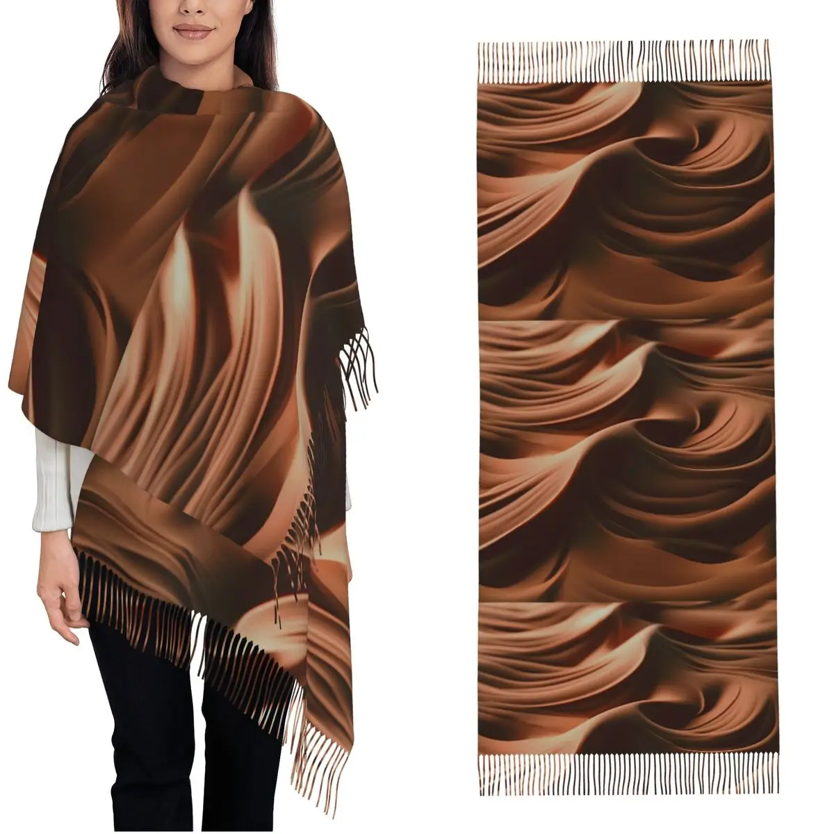 ผ้าพันคอศิลปะนามธรรมลายวนวนช็อกโกแลตเข้มข้น ผ้าพันคอผู้หญิงพร้อมพู่ห้อย ผ้าคลุมไหล่ยอดนิยมสำหรับฤดูหนาว ผ้าพันคอและผ้าคลุมไหล่ที่ให้ความอบอุ่น ผ้าพันคอแบบ Bandana