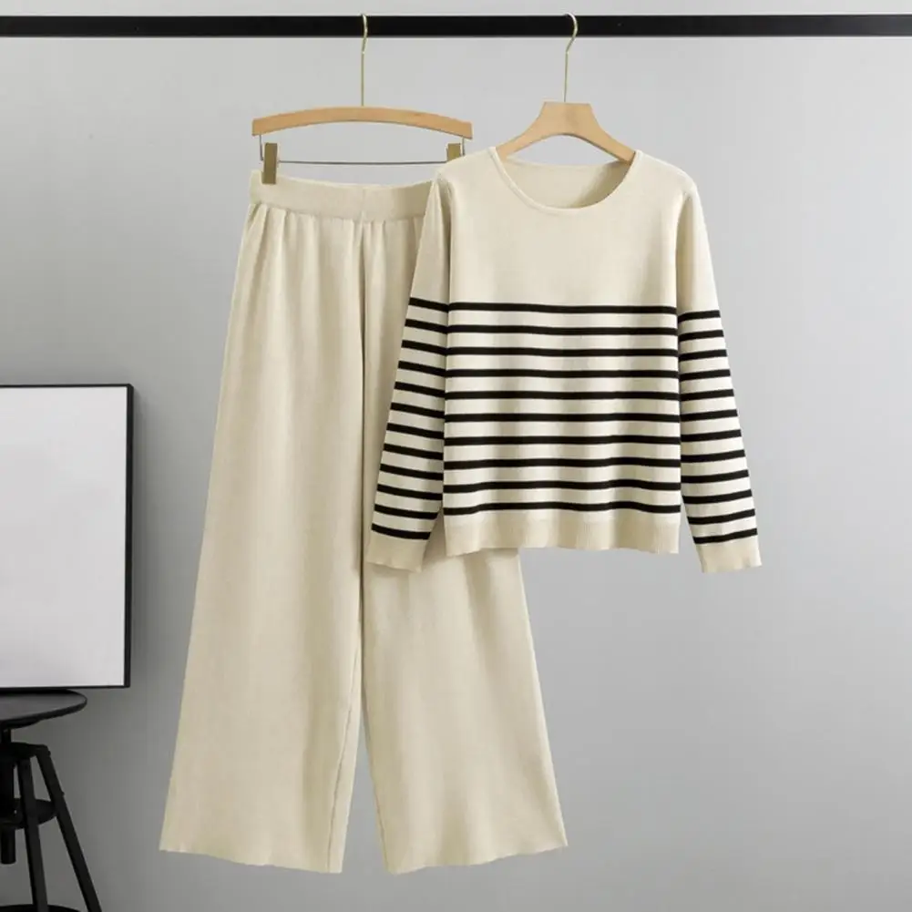 Women Knitted Suit Striped Tops Wide Leg knit pantst Waist Loose Set 2-piece Set New In Autumn Winter Casual Clothes for Women