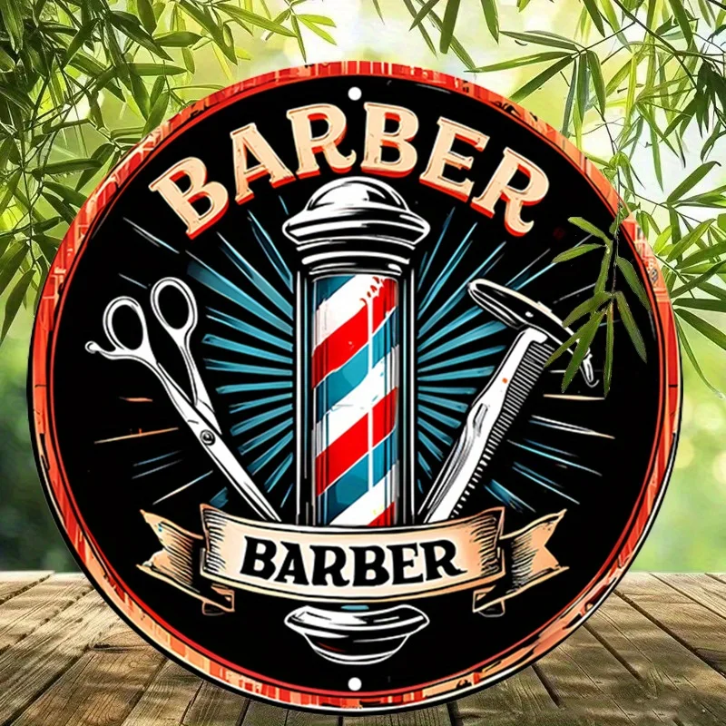 [مسطح 21D] قطعة واحدة من لافتة ألومنيوم مستديرة لصالون الحلاقة - ديكور حائط معدني مستوحى من الطراز القديم مع مقص، ورسوم توضيحية لشفرات الحلاقة، P