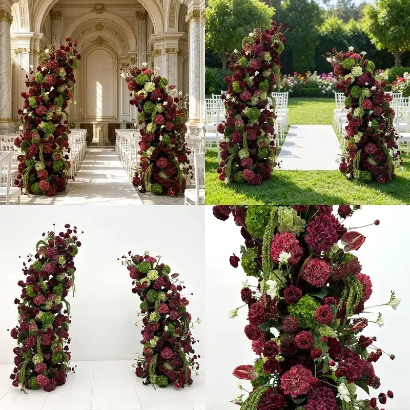 Burgundy and green faux flower arched background wall curved half-moon style set, suitable for outdoor wedding decoration