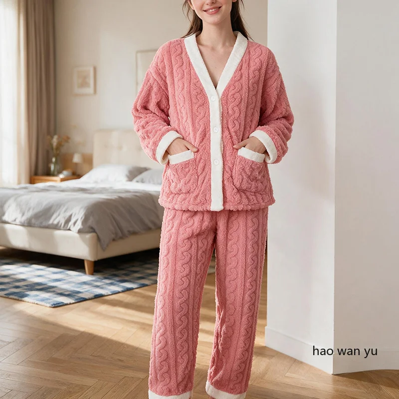 Large Size Cardigan Women's Winter Pajamas coral Fleece Double-Sided Thick Warm Home Clothes Striped Sleepwear Two-Piece Set