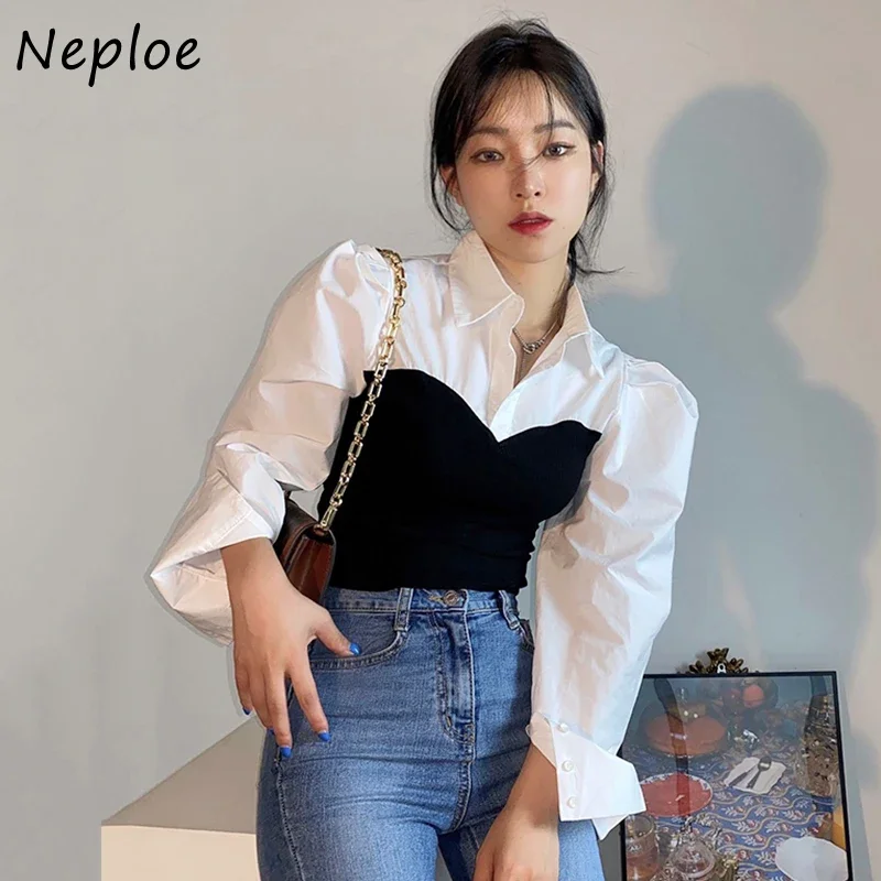 Neploe Korea Chic Summer Lapel Ldaies Shirt Contrast Color Stitching Blusas Fake Two-piece Knitted Top Puff Sleeve Blouse Women