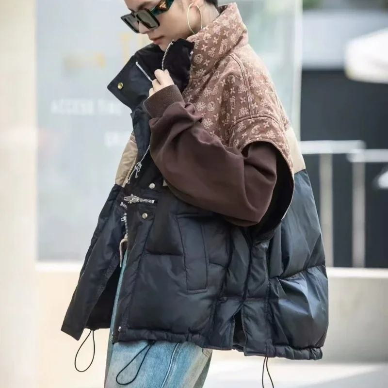 Stand Up Collar Contrasting Down Vest Women's Short Loose and Fashionable White Duck Down Camisole Jacket Winter Coats Women