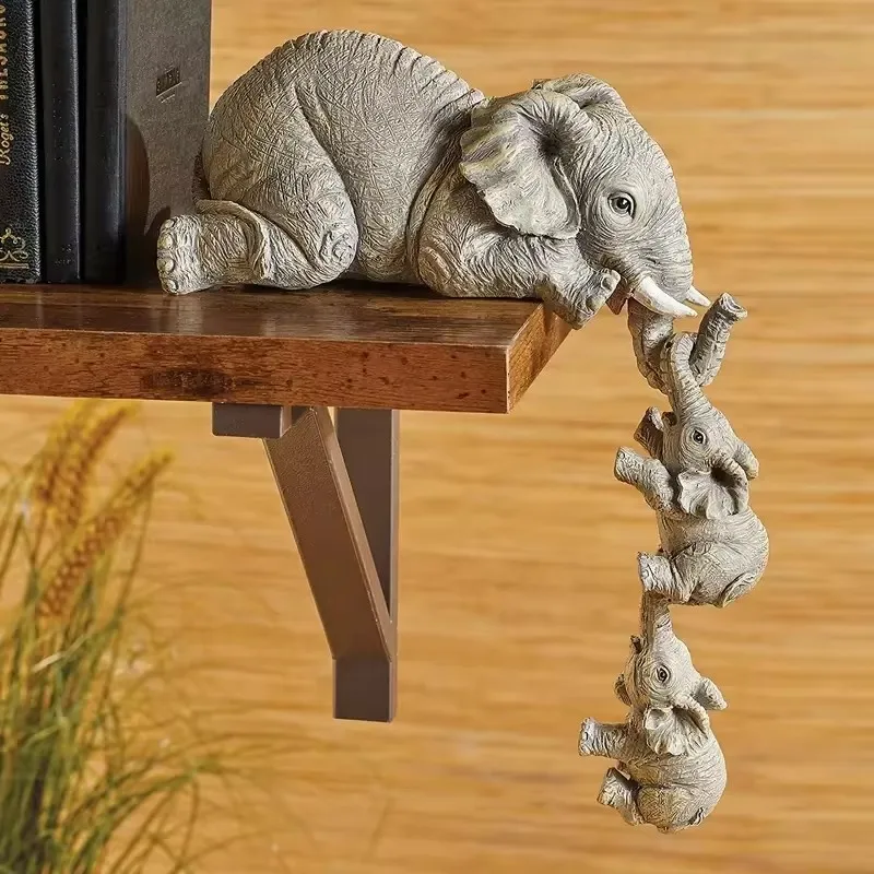 3pcs Cute Elephant Hanging Decorations Resin Craft For Home And Room Decoration Elephant Mother and Two Babies Hanging Off Table