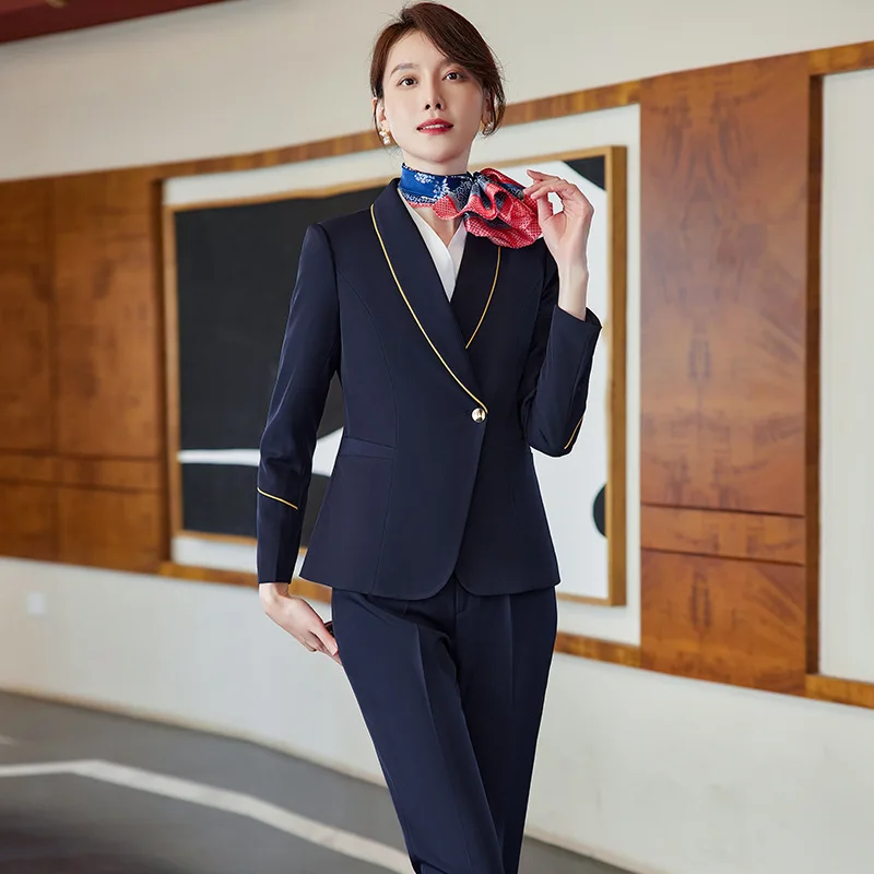 IZICFLY New Style Korean Red Blazer Sets Airline Stewardess Clothes Fall Outfits Women Pant Suit Reception Uniform For Work Wear