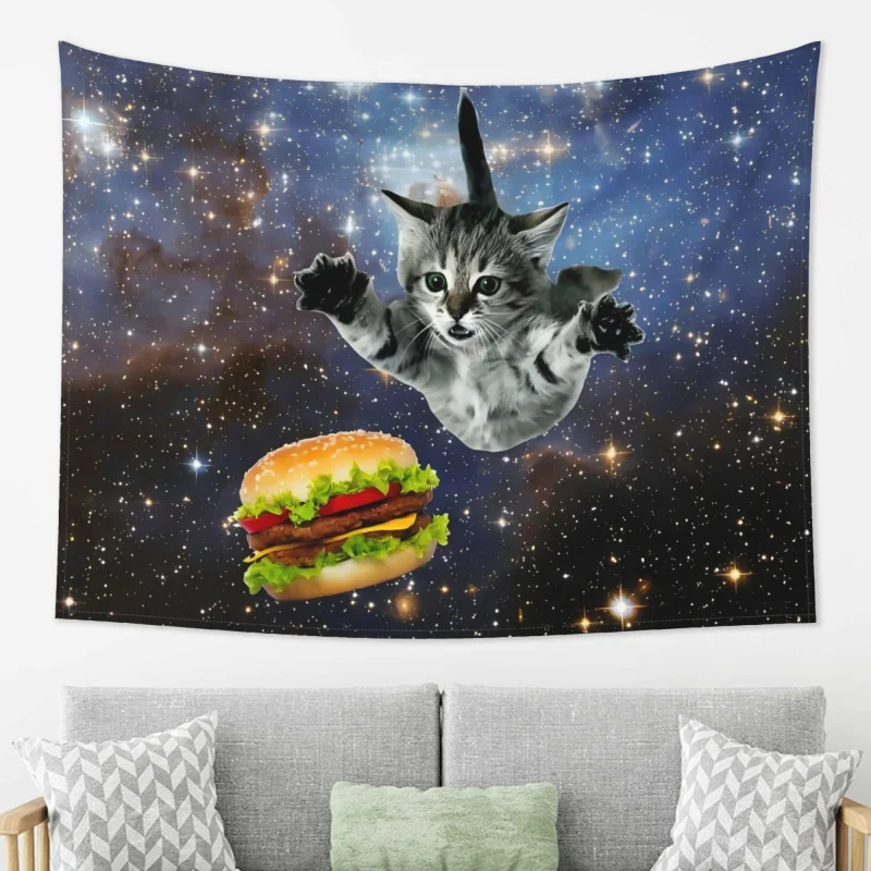 VIKAMA Space Cat Burger Tapestry Funny Trippy Space Cat Wall Hanging for Bedroom Dorm Gaming Room Decor