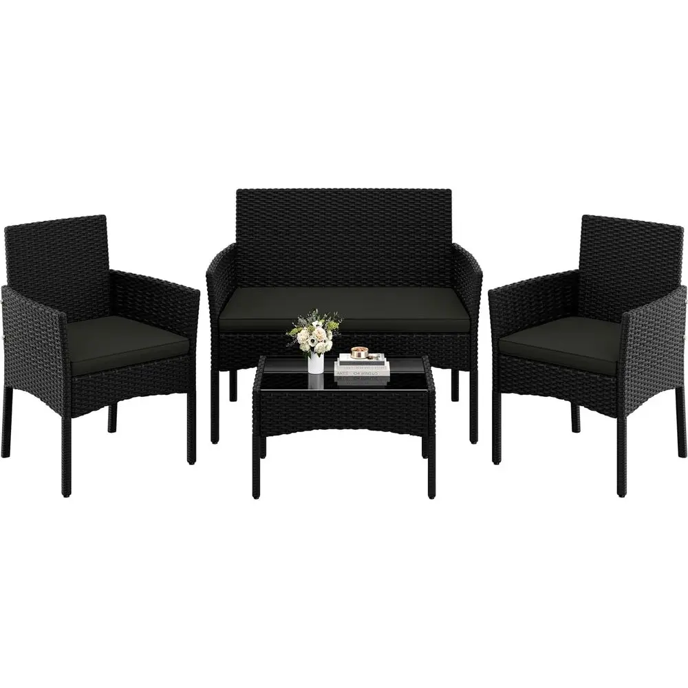 

4-Piece Outdoor Patio Furniture Set: Rattan Loveseat with Cushions and Glass Table for Garden, Poolside, or Balcony in Black and